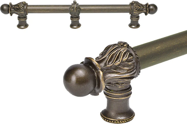 Acanthus 9'' cc with 5/8'' smooth center & center brace long pull Romanesque style in Antique Brass. 5556-3