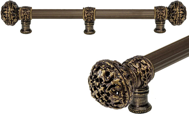 Juliane Grace 12'' cc with 5/8'' reeded center long pull & center brace large finial in Antique Brass. 5607R-3
