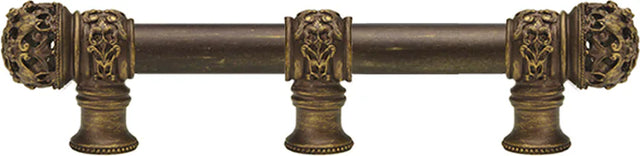 Juliane Grace 6'' cc with 5/8'' smooth center long pull & center brace small finial in Antique Brass. 5615-3