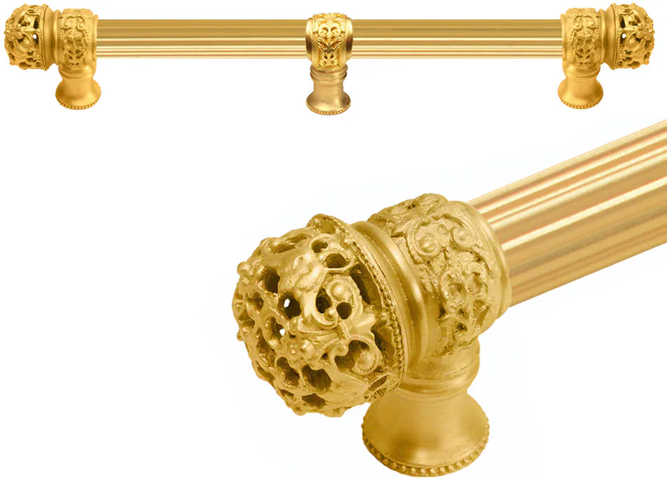 Juliane Grace 9'' cc with 5/8'' reeded center long pull & center brace small finial in Gilded Mercury. 5616R-8