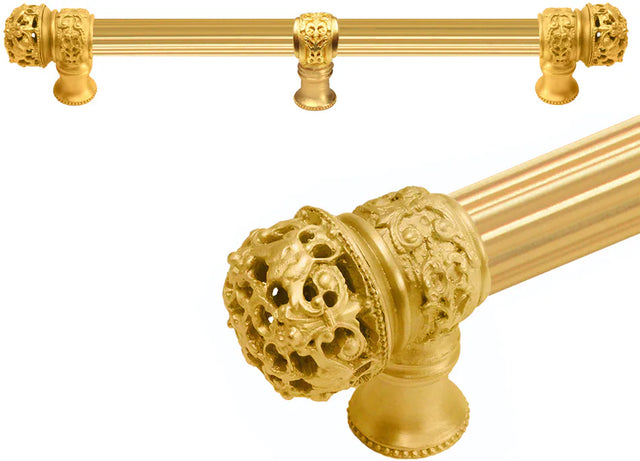 Juliane Grace 9'' cc with 5/8'' reeded center long pull & center brace small finial in Gilded Mercury. 5616R-8