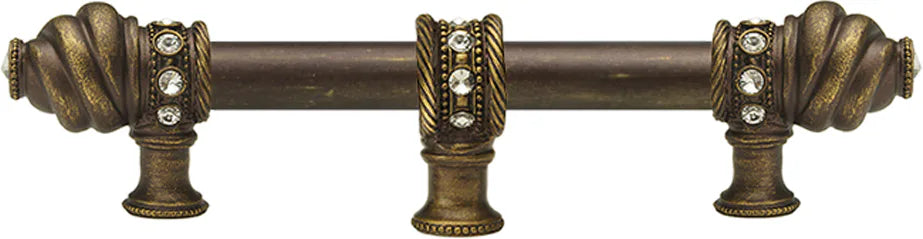 Caché 6'' cc with 5/8'' smooth center long pull & center brace with 16 rivoli Swarovski Clear Crystals in Antique Brass. 5675-3C