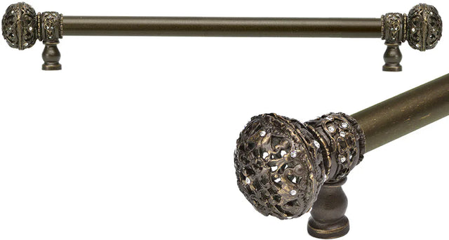 Juliane Grace 12'' cc with 5/8'' smooth center long pull large finial with Clear Swarovski crystals in Antique Brass. 5692-3C