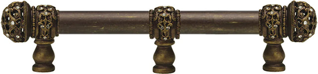 Juliane Grace 6'' cc with 5/8'' smooth center long pull & center brace small finial with clear Swarovski crystals in Antique Brass. 5705-3C
