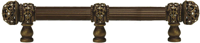 Juliane Grace 6'' cc with 5/8'' reeded center long pull & center brace small finial with clear Swarovski crystals in Antique Brass. 5705R-3C