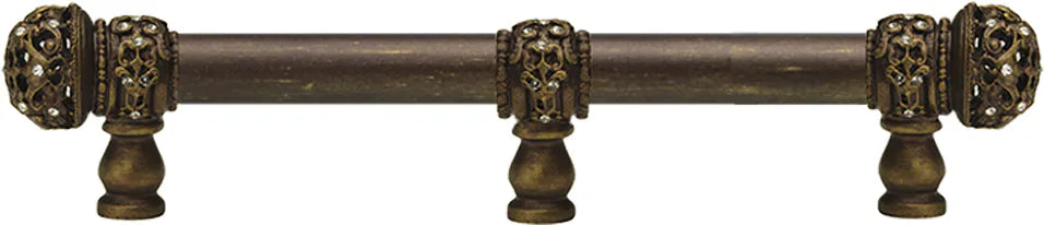 Juliane Grace 9'' cc with 5/8'' smooth center long pull & center brace small finial with clear Swarovski crystals in Antique Brass. 5706-3C