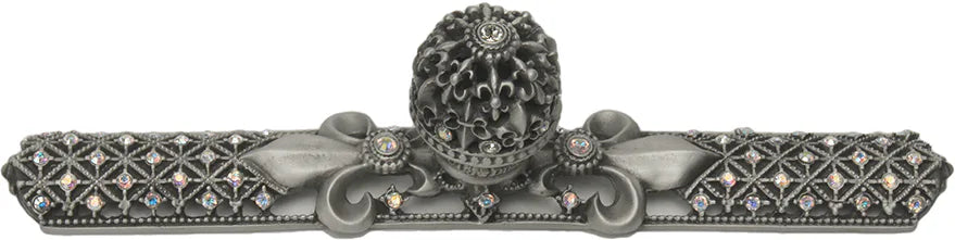 Versailles 76137623-11AB Satin medium round knob & large elongated back plate Fleur De Lys open basket w/ Swarovski Crystals 76137623-11AB