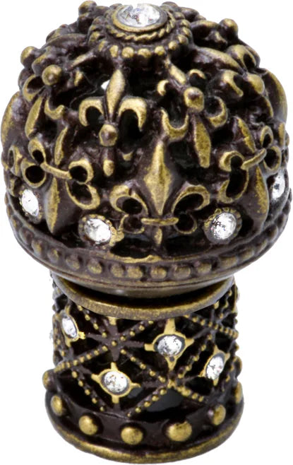 Versailles 7616-3C Antique Brass medium round knob Fleur De Lys open basket decorative column foot w/ Swarovski Crystals 7616-3C