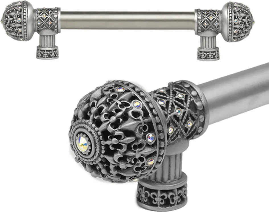 Versailles 7646-11AB Satin Fleur De Lys 6'' cc long pull large finial w/ Swarovski Crystals w/ 5/8'' smooth center 7646-11AB