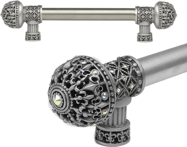 Versailles 7646-11AB Satin Fleur De Lys 6'' cc long pull large finial w/ Swarovski Crystals w/ 5/8'' smooth center 7646-11AB