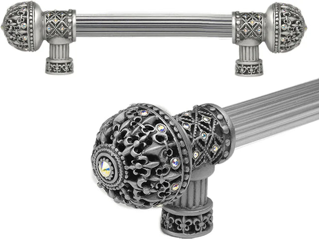 Versailles 7646R-11AB Satin Fleur De Lys 6'' cc long pull large finial w/ Swarovski Crystals w/ 5/8'' reeded center 7646R-11AB