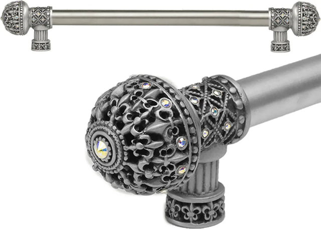Versailles 7648-11AB Satin Fleur De Lys 12'' cc long pull large finial w/ Swarovski Crystals w/ 5/8'' smooth center 7648-11AB
