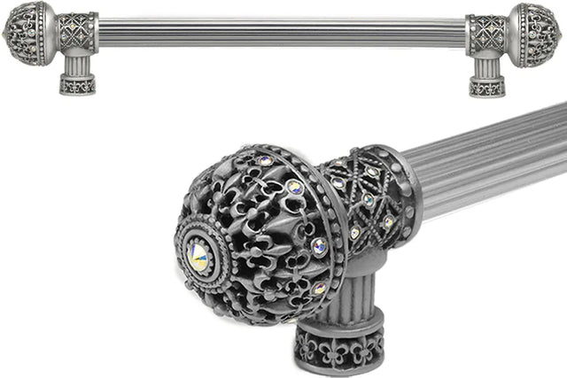 Versailles 7648R-11AB Satin Fleur De Lys 12'' cc long pull large finial w/ Swarovski Crystals w/ 5/8'' reeded center 7648R-11AB