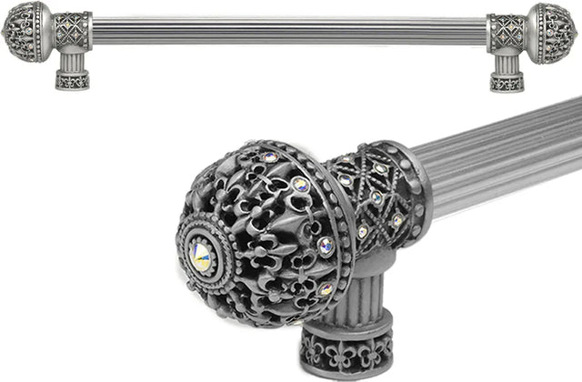 Versailles 7649R-11AB Satin Fleur De Lys 18'' cc long pull large finial w/ Swarovski Crystals w/ 5/8'' reeded center 7649R-11AB