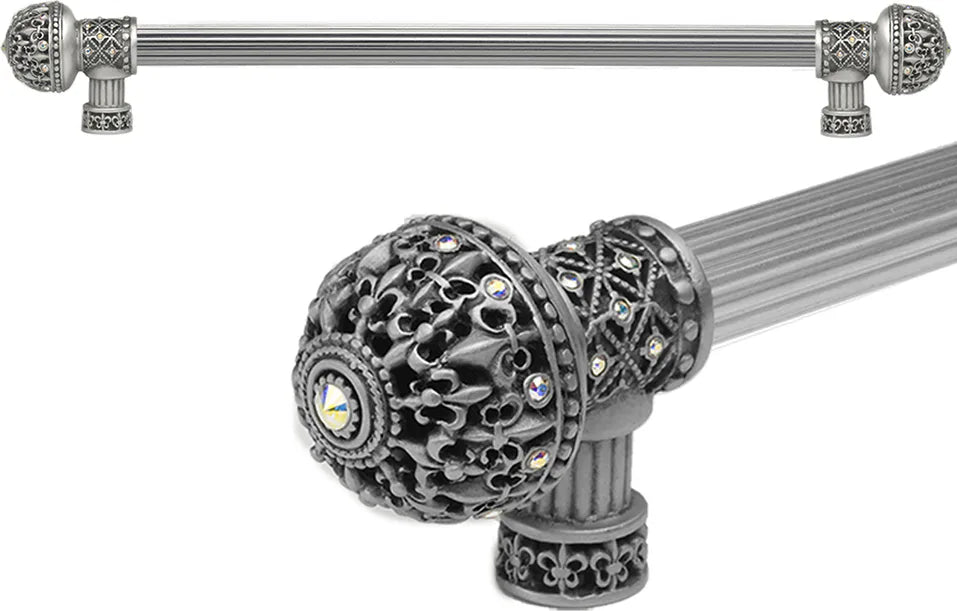 Versailles 7650R-11AB Satin Fleur De Lys 22'' cc long pull large finial w/ Swarovski Crystals w/ 5/8'' reeded center 7650R-11AB