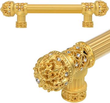 Versailles 7653R-8C Gilded Mercury Fleur De Lys 6'' cc long pull small finial w/ Swarovski Crystals w/ 5/8'' reeded center 7653R-8C
