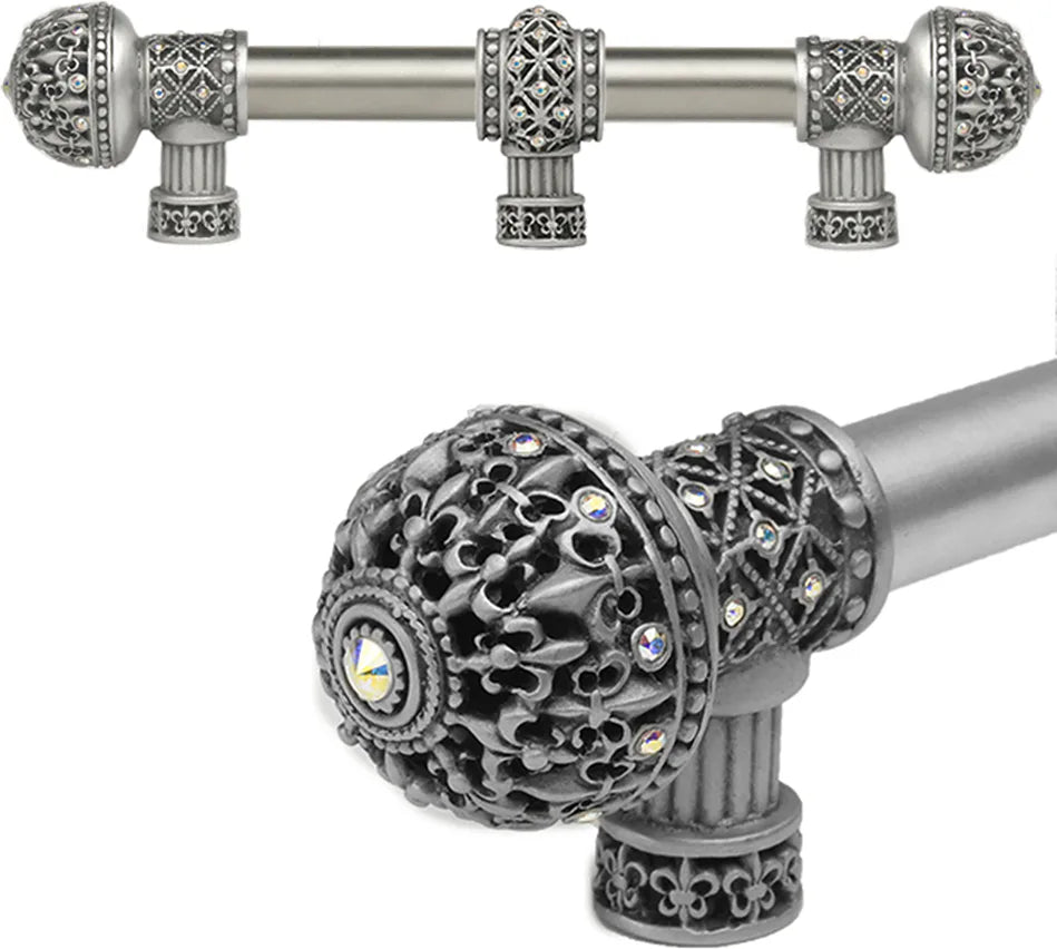 Versailles 7660-11AB Satin Fleur De Lys 6'' cc long pull large finial w/ Swarovski Crystals w/ 5/8'' smooth center w/ center brace 7660-11AB