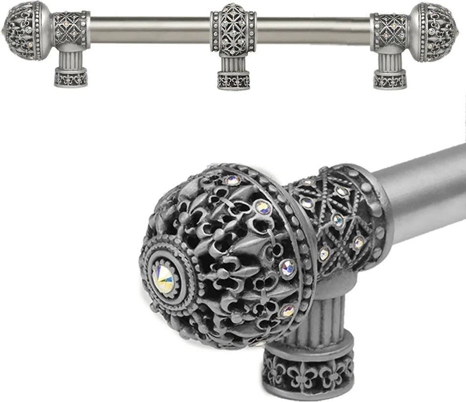 Versailles 7661-11AB Satin Fleur De Lys 9'' cc long pull large finial w/ Swarovski Crystals w/ 5/8'' smooth center w/ center brace 7661-11AB