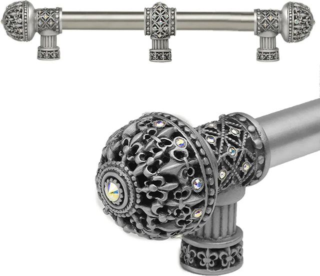 Versailles 7661-11AB Satin Fleur De Lys 9'' cc long pull large finial w/ Swarovski Crystals w/ 5/8'' smooth center w/ center brace 7661-11AB
