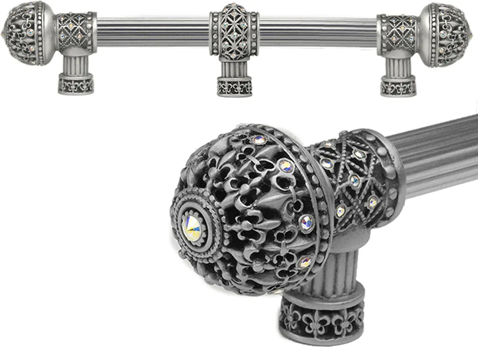 Versailles 7661R-11AB Satin Fleur De Lys 9'' cc long pull large finial w/ Swarovski Crystals w/ 5/8'' reeded center w/ center brace 7661R-11AB