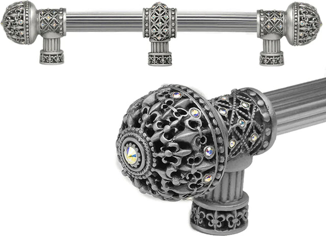 Versailles 7661R-11AB Satin Fleur De Lys 9'' cc long pull large finial w/ Swarovski Crystals w/ 5/8'' reeded center w/ center brace 7661R-11AB