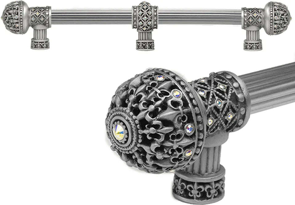 Versailles 7662R-11AB Satin Fleur De Lys 12'' cc long pull large finial w/ Swarovski Crystals w/ 5/8'' reeded center w/ center brace 7662R-11AB