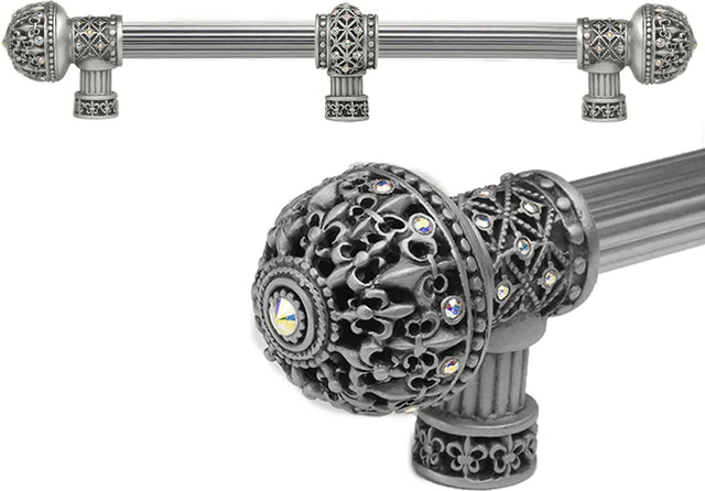 Versailles 7662R-11AB Satin Fleur De Lys 12'' cc long pull large finial w/ Swarovski Crystals w/ 5/8'' reeded center w/ center brace 7662R-11AB