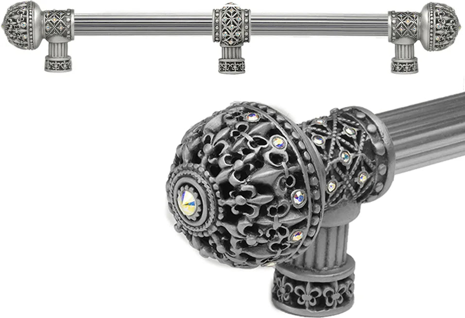 Versailles 7663R-11AB Satin Fleur De Lys 18'' cc long pull large finial w/ Swarovski Crystals w/ 5/8'' reeded center w/ center brace 7663R-11AB