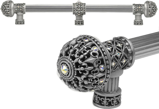 Versailles 7663R-11AB Satin Fleur De Lys 18'' cc long pull large finial w/ Swarovski Crystals w/ 5/8'' reeded center w/ center brace 7663R-11AB