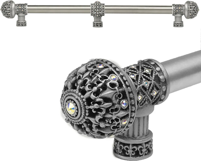 Versailles 7664-11AB Satin Fleur De Lys 22'' cc long pull large finial w/ Swarovski Crystals w/ 5/8'' smooth center w/ center brace 7664-11AB