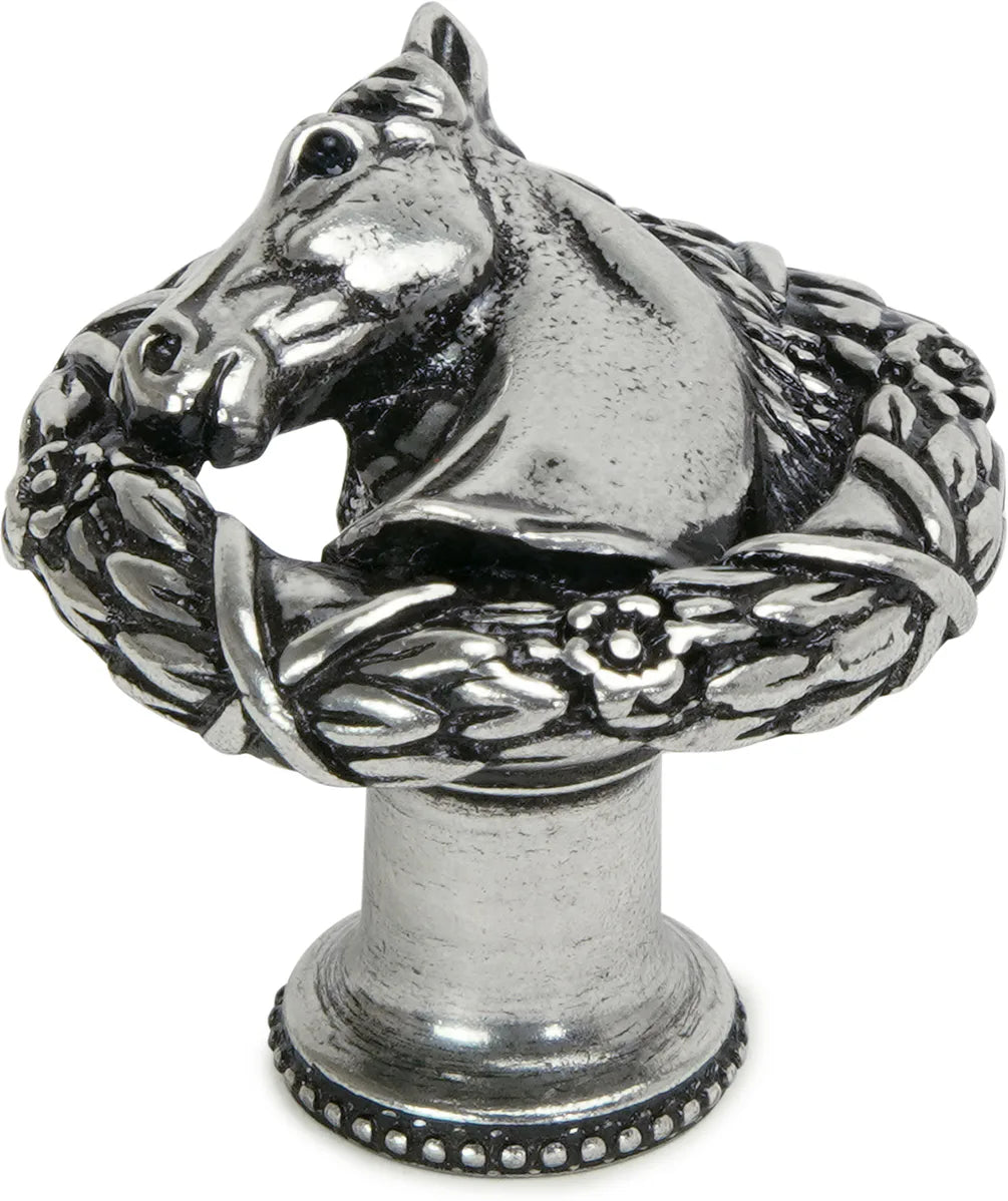Americana horse in classic laurel leaf wreath knob left in finish Chalice 8000-9