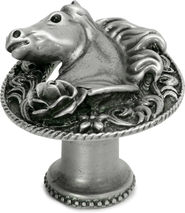 Americana horse in a horse shoe with a rose knob left in finish 8030