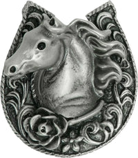 Americana horse in a horse shoe with a rose knob left in finish Satin 8030-11