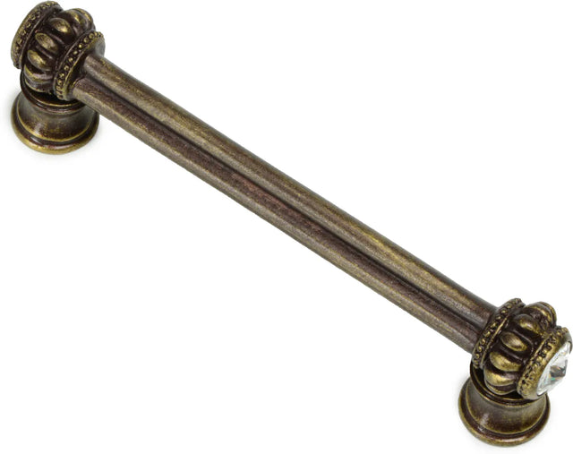 Caché double 4'' cc pull with flared foot with 2 rivoli Swarovski Clear Crystals in Antique Brass. 862B-3C