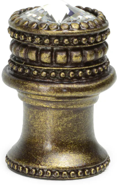 Caché medium round knob with flared foot with an 16mm Swarovski Clear Crystal in Antique Brass. 863B-3C