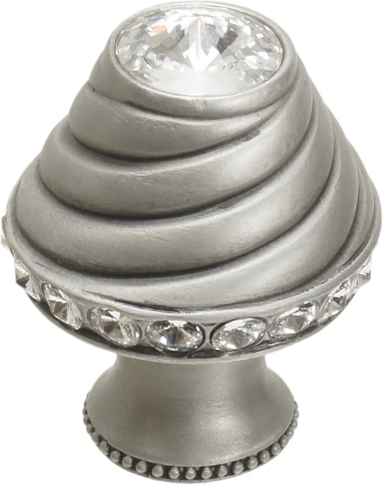 Caché medium round knob with flared foot with 19 rivoli Swarovski Clear Crystals in Satin. 864B-11C