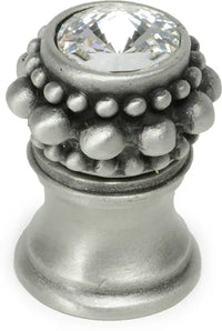 Cache Caché small round knob with flared foot with a rivoli Swarovski Clear Crystal in Satin. 865B-11C