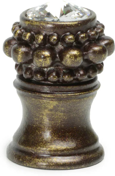 Caché small round knob with flared foot with a rivoli Swarovski Clear Crystal in Antique Brass. 865B-3C