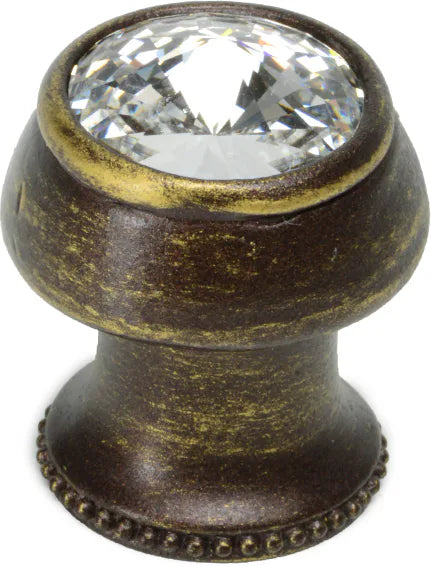 Caché round knob with flared foot with an rivoli Swarovski Clear Crystals in Antique Brass. 877B-3C