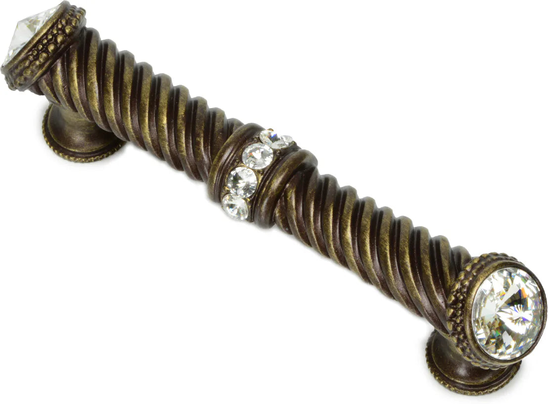 Caché 4'' cc large pull with end & center 7 rivoli Swarovski Clear Crystals in Antique Brass. 880-3C
