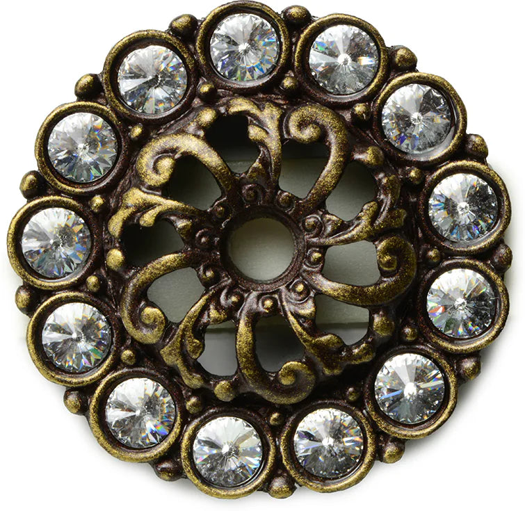 Caché medium escutcheon with 13 rivoli Swarovski Clear Crystals in Antique Brass. 882-3C