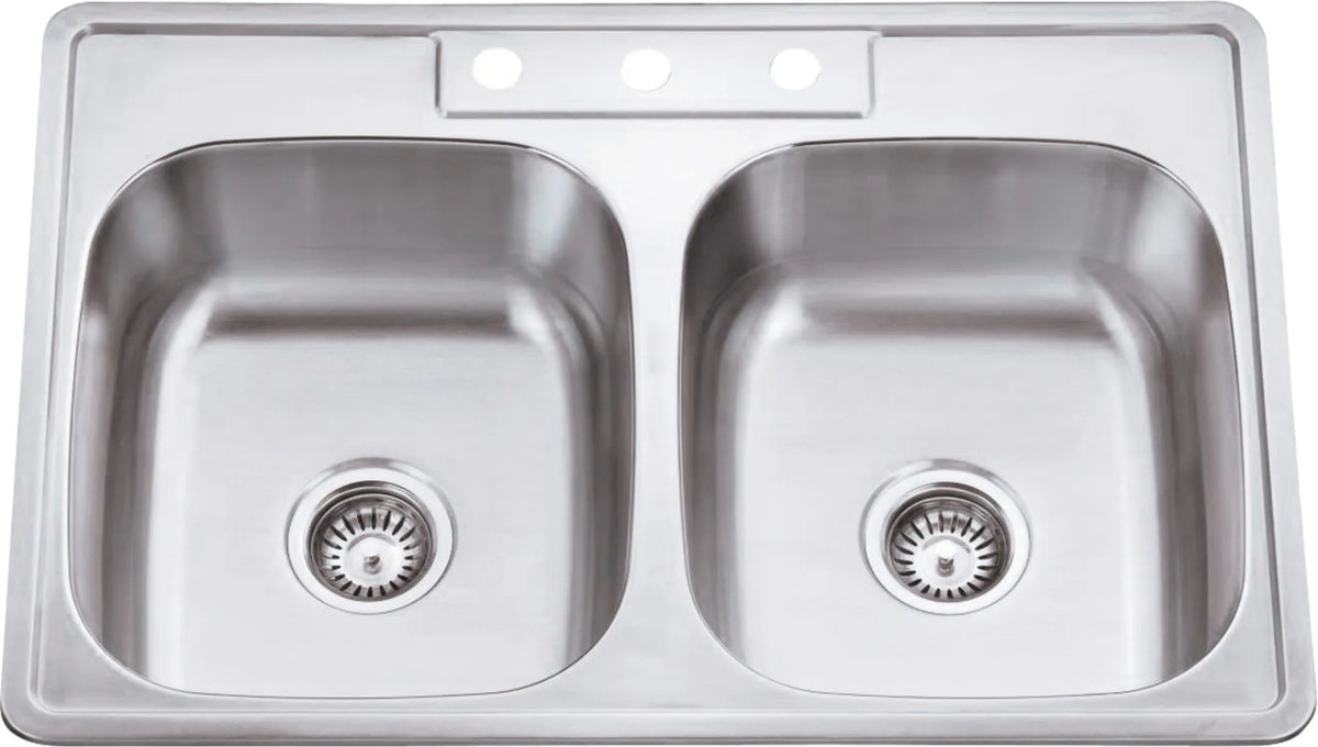 33'' L x 22'' W x 9'' D Drop-In 20 Gauge Stainless Steel 50/50 Double Bowl Sink 910-1