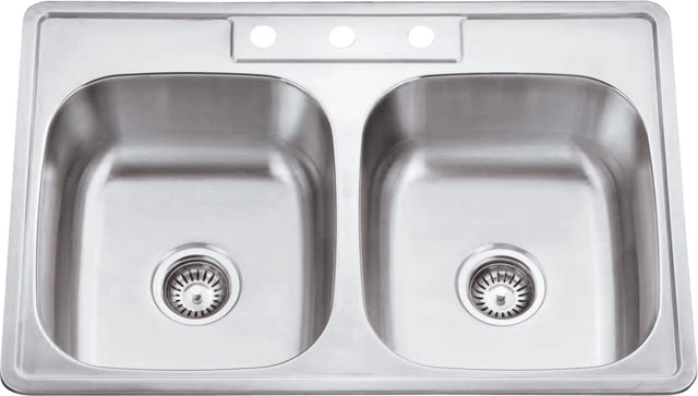 33'' L x 22'' W x 9'' D Drop-In 20 Gauge Stainless Steel 50/50 Double Bowl Sink 910-1