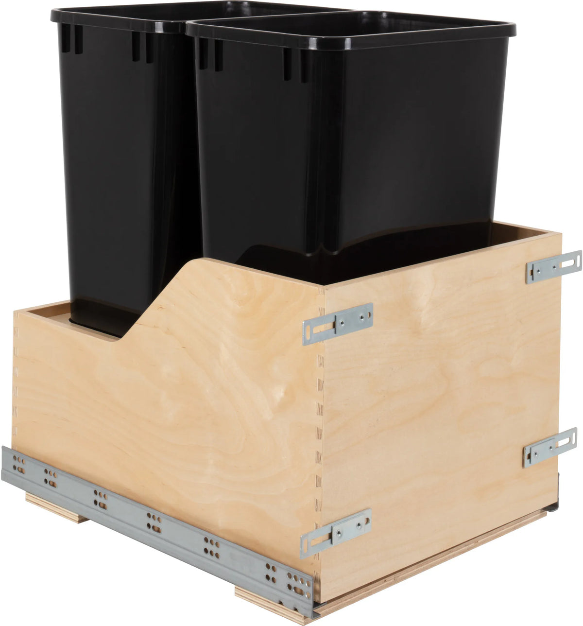 Double 50 Quart Wood Bottom-Mount Soft-close Trashcan Rollout for Door Mounting, Includes Two Cans