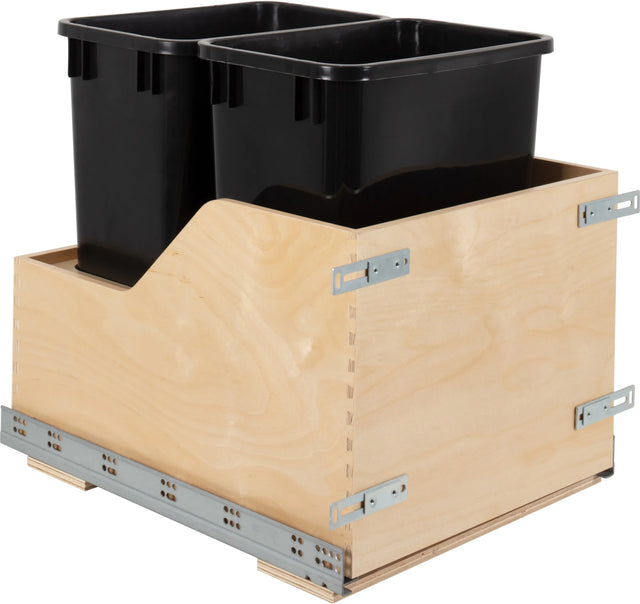 Double 35 Quart Wood Bottom-Mount Soft-close Trashcan Rollout for Door Mounting, Includes Two Cans