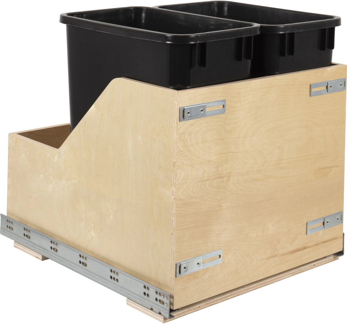 Double 35 Quart Wood Bottom-Mount Soft-close Trashcan Rollout for Door Mounting, Includes Two Cans and Door Joining Bracket