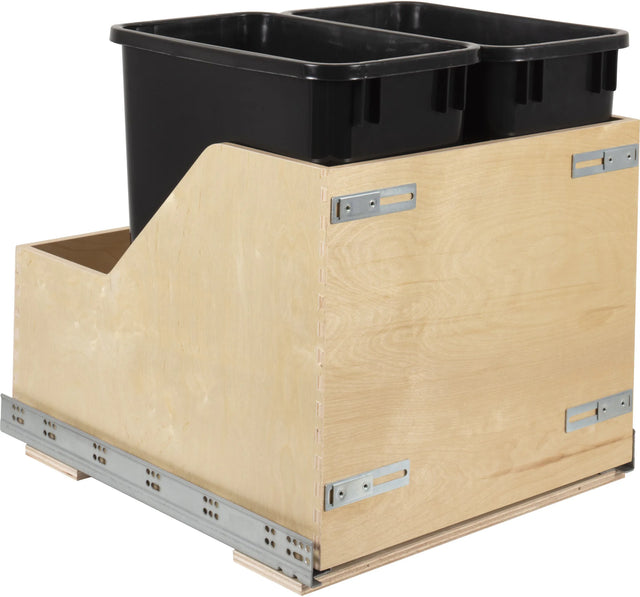 Double 35 Quart Wood Bottom-Mount Soft-close Trashcan Rollout for Door Mounting, Includes Two Cans and Door Joining Bracket