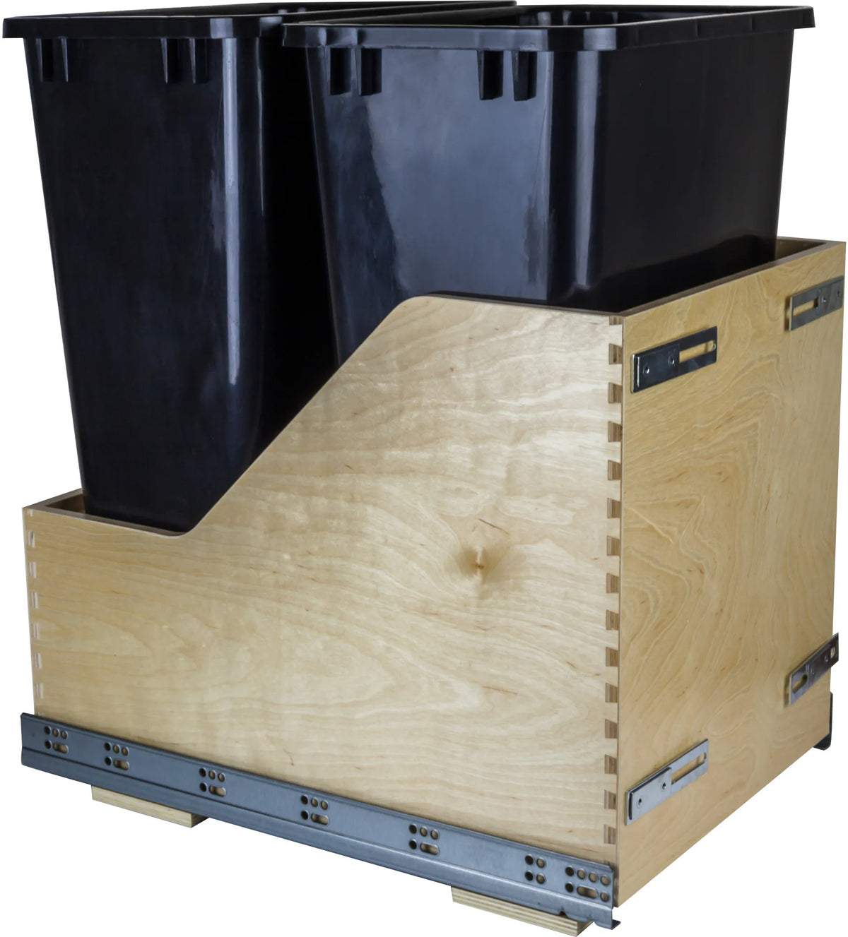 Double 50 Quart Wood Bottom-Mount Soft-close Trashcan Rollout for Door Mounting, Includes Two Cans CDM-WBMD50