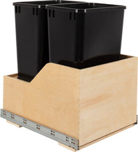 Double 50 Quart Wood Bottom-Mount Soft-close Trashcan Rollout for Hinged Doors, Includes Two Cans