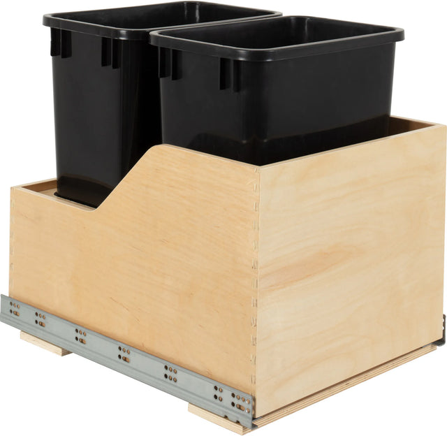 Double 35 Quart Wood Bottom-Mount Soft-close Trashcan Rollout for Hinged Doors, Includes Two Cans